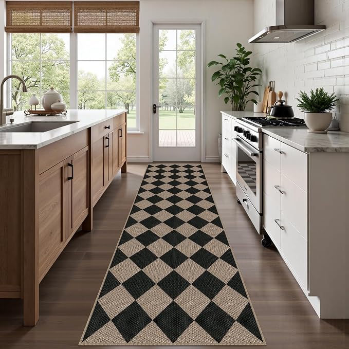 Easy Jute Checkered Runner Rug, 2.6x10 Black Modern Washable Rugs Runner - Image 5