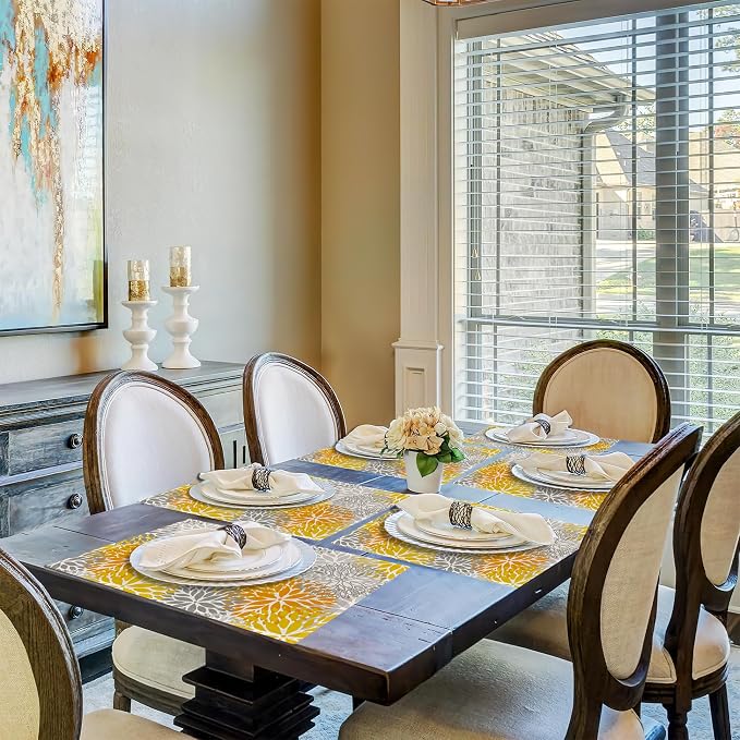 Abstract Yellow Gray Dahlia Flower Placemats Set of 6, Elegant Vinyl Place Mats - Image 6