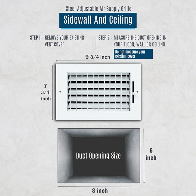 Fits 8x6 Duct Opening Steel Adjustable Air Supply Grille by Handua | Register - Image 2
