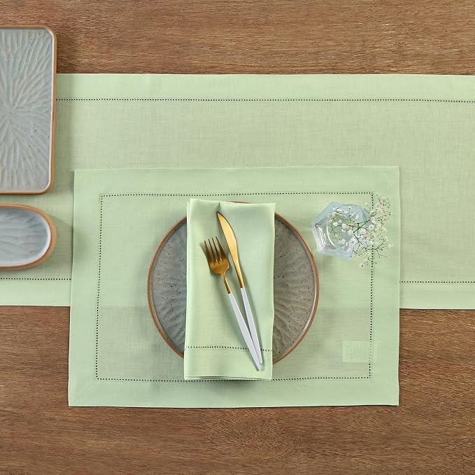Solino Home Linen Light Green Hemstitch Table Runner 48 Inches - Image 3