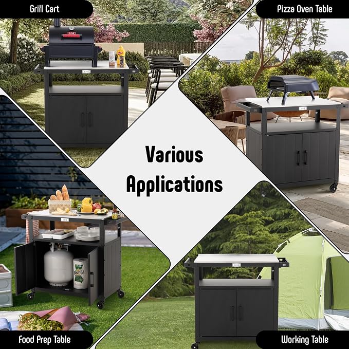 Outdoor Grill Cart with Stainless Steel Tabletop and Storage Cabinet, Movable - Image 8
