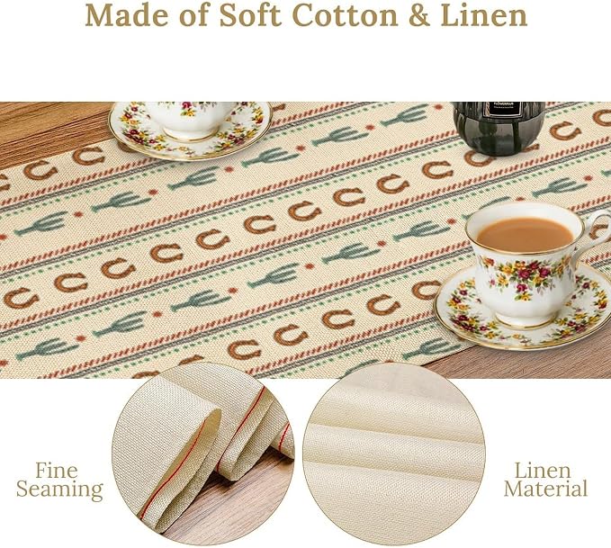 Western Table Runner, Vintage Farmhouse Country Cowboy Horseshoe Cactus Print - Image 4