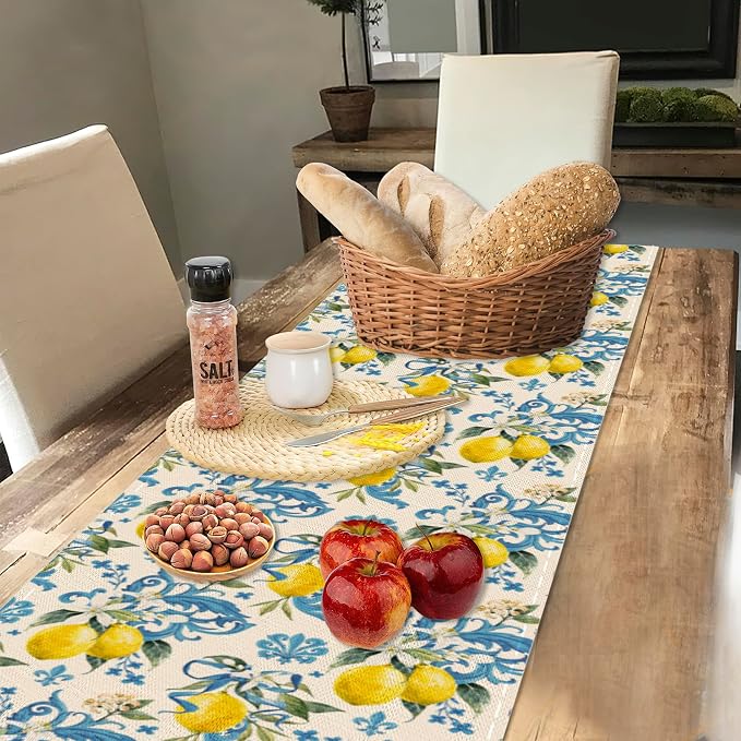 Lemon Flower Table Runner Dresser Scarves Seasonal Linen Tablerunner - Image 4