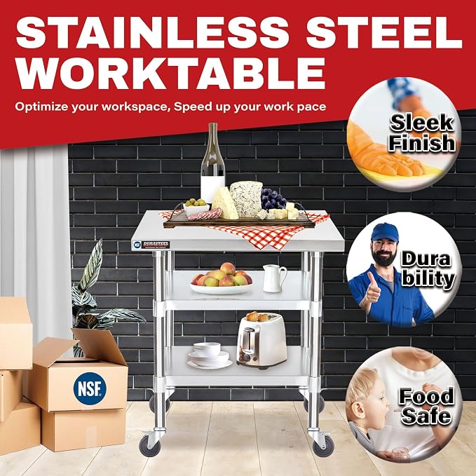 DuraSteel Stainless Steel Work Table 30" x 24" x 34" Height w/ 4 Caster Wheels - Image 3