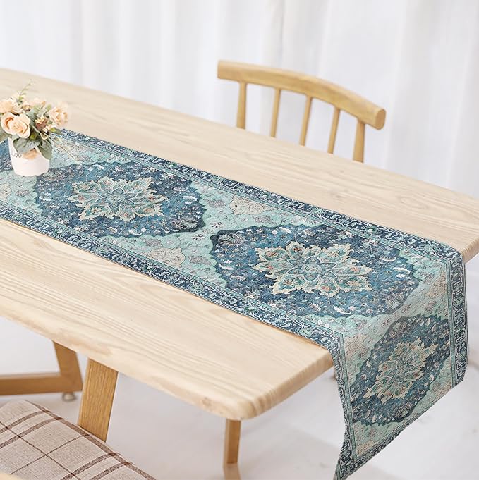 OYIMUA Boho Floral Pattern Summer Table Runner 90 Inches Long Teal and Blue - Image 4