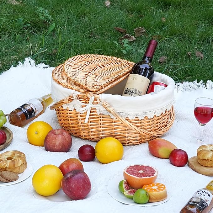 Wicker Picnic Basket with Removable Liner, Empty Picnic Baskets with Lid - Image 2