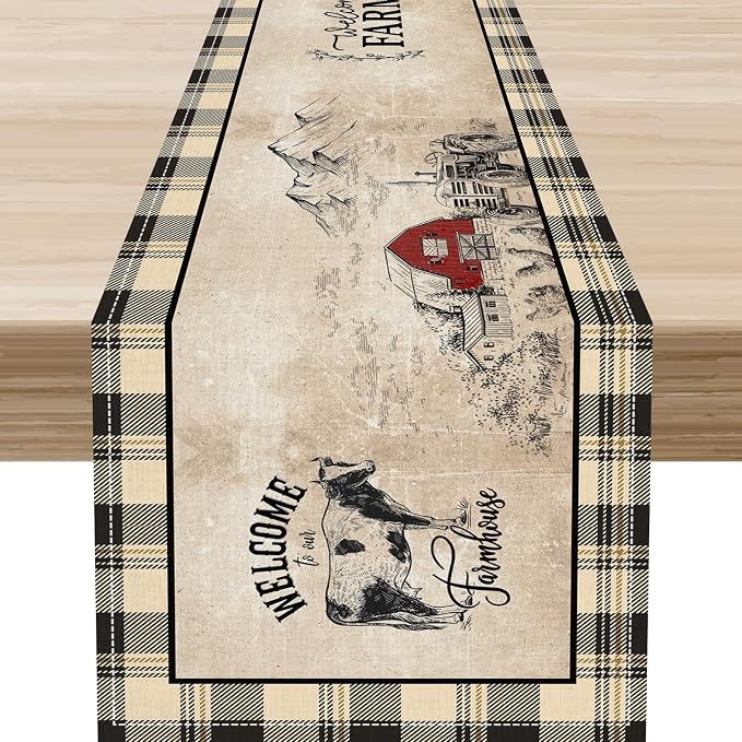 Farmhouse Table Runner, Rustic Country Barn Cottage Rooster Cow Check Animal by Unknown