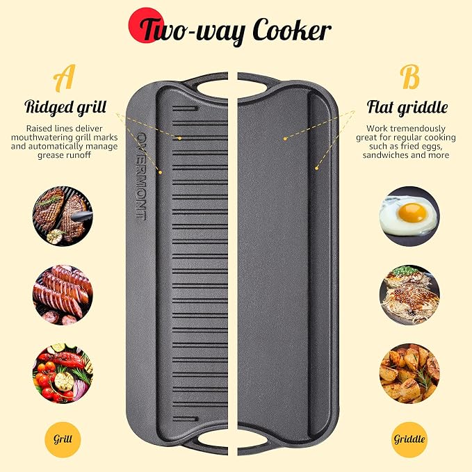 Overmont Pre-seasoned 17x9.8" Cast Iron Reversible Griddle Grill Pan - Image 2