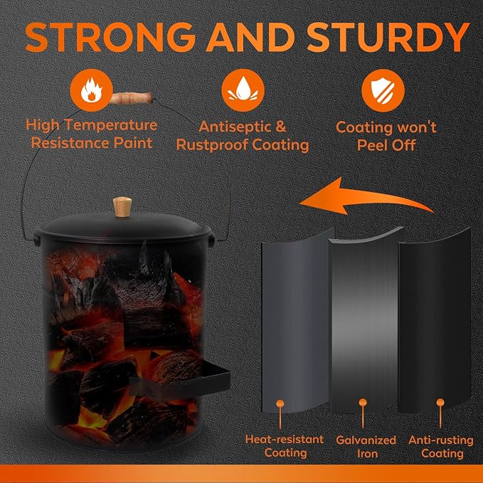4 Gallon Ash Bucket with Lid and Shovel, Metal Fireplace Ash Bucket with Broom - Image 7