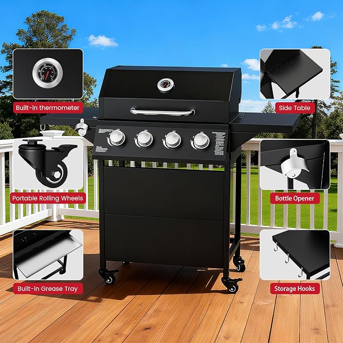 4-Burner Propane Gas BBQ Grill, 000 BTU Output Stainless Steel Barbecue Grill - Image 6