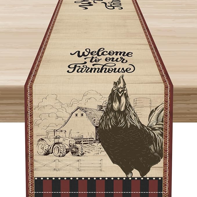 Rustic Farmhouse Table Runner, Vintage Barn Cottage Rooster Retro Farm Country by Unknown