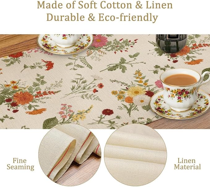 Vintage Flower Table Runner, Rustic Farmhouse Retro Garden Botanical Plants - Image 6