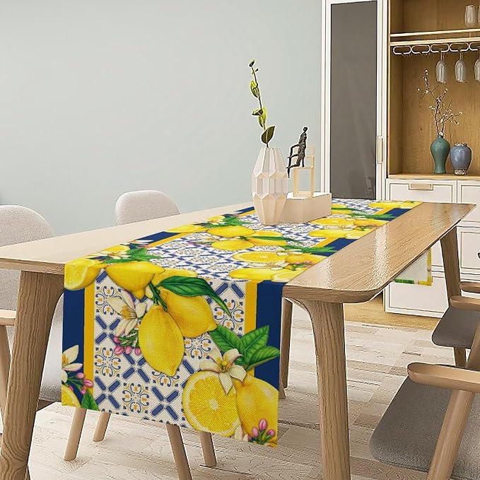 Yellow Lemon Table Runner, Spring Summer Seasonal Blue Tiles Watercolor Lemon - Image 2