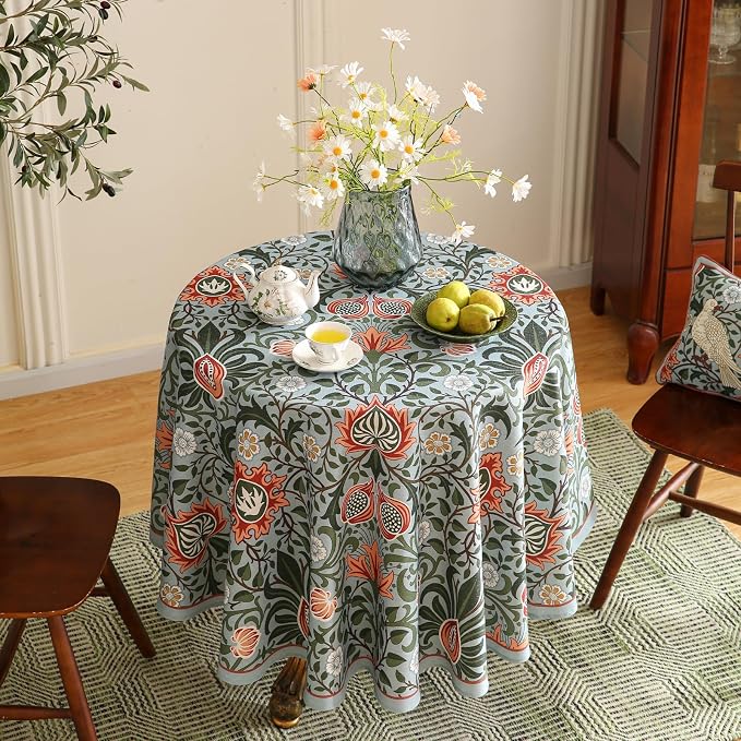 ISAENNE Designer Bohemian Linen Green Round Tablecloth, Floral Indoor Table - Image 7