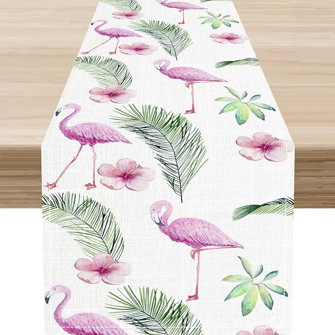 Flamingo Table Runner, Spring Summer Tropical Floral Green Palm Leaves Hawaiian by Unknown