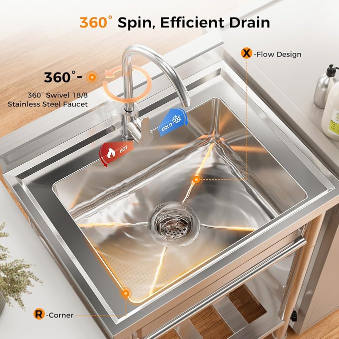 23"W Compact Utility Sink 18/8 Stainless Steel Portable Ergonomic Sinks - Image 7