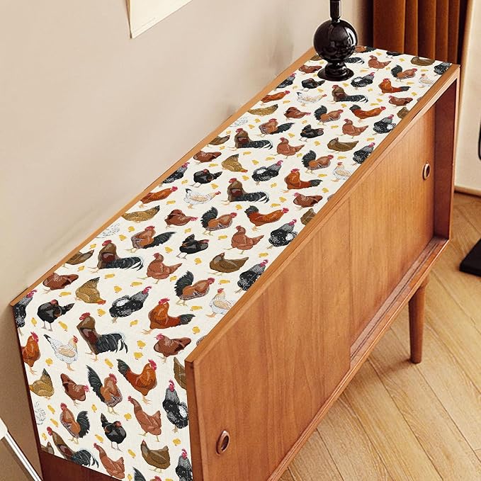 Farmhouse Rooster Table Runner, Rustic Farm Animals Cow Pig Chicken Coffee - Image 3