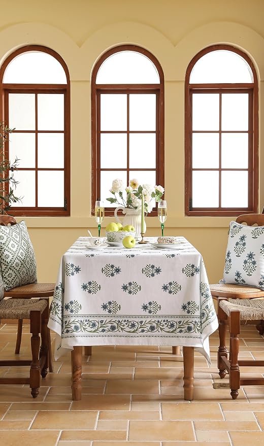ISAENNE Designer White Linen Small Rectangular Tablecloth, Chinoiserie Floral - Image 8