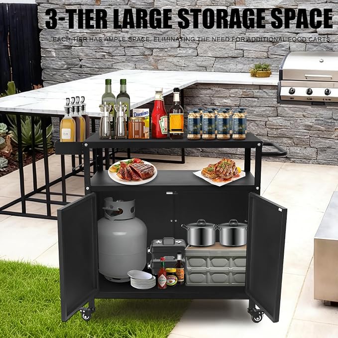 Grill Cart with Storage, Outdoor Bar Cart Rolling BBQ Cart Movable Pizza Oven - Image 4