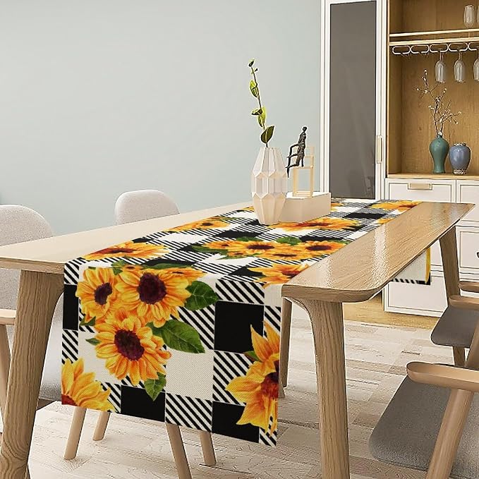 Yellow Sunflower Table Runner, Vintage Farmhouse Black White Sunshine - Image 2
