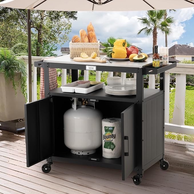 Outdoor Grill Cart with Stainless Steel Tabletop and Storage Cabinet, Movable - Image 2
