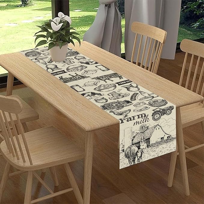 Farm Animals Table Runner, Rustic Farmhouse Rooster Cow Chicken Black Print - Image 2