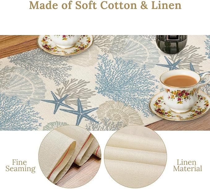 Nautical Table Runner, Summer Coastal Starfish Seashells Coral Tropical Ocean - Image 6