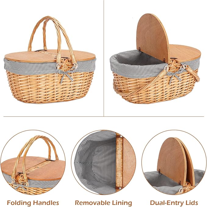 Wicker Picnic Basket with Liner, Wooden Split Lid Picnic Basket, Vintage-Style - Image 2