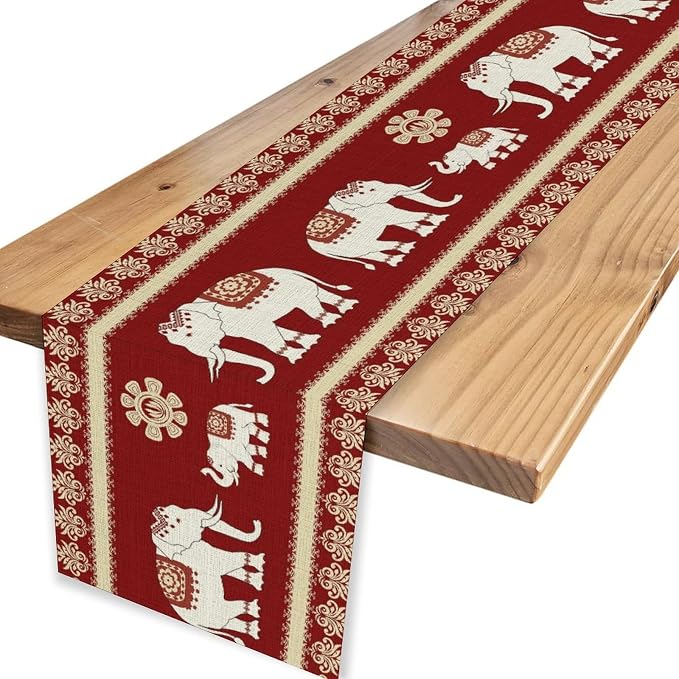 African Tribe Table Runner, Boho Red Elephants Tribal Traditional Diwali India - Image 4