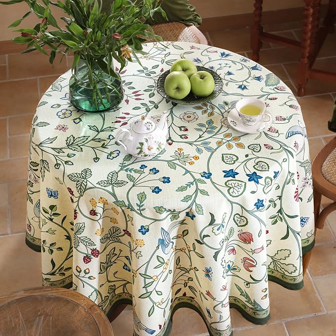 Linen 67 Inch Round Tablecloth, Wrinkle Resistant French White and Green - Image 7
