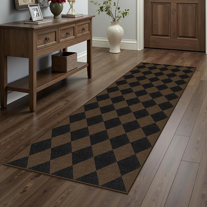 Easy Jute Checkered Runner Rug, 2x6 Coffee Modern Washable Rugs Runner by Rugalia