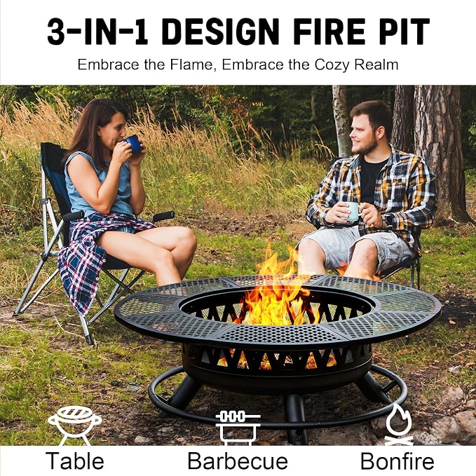 47 Inch Fire Pit with 2 Grills, Outdoor Extra Large Firepits - Image 7