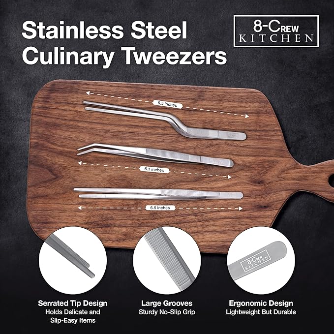 Stainless Steel Culinary Tweezers, 6-Inch Serrated Tips for Plating