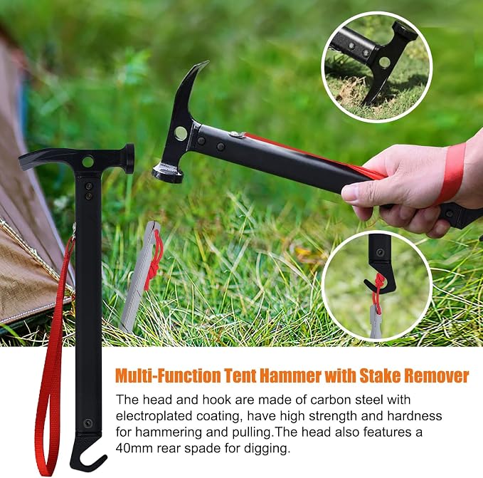Eurmax USA Hiking Camping Tent Stakes and Hammer Set Lightweight Multi-Function - Image 2