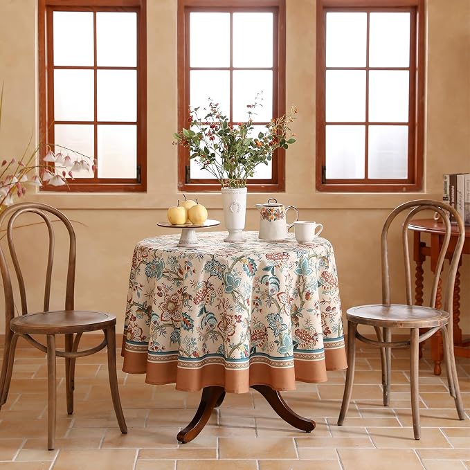 Designer Vintage Linen Small Round Tablecloth, Indian Style Wrinkle Free Orange - Image 2