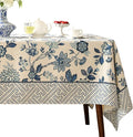 Vintage Blue and White Rectangle Tablecloth, French Linen Floral Wrinkle Free by bilingaier