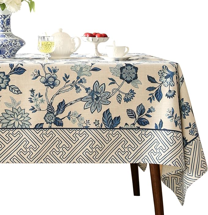 Vintage Blue and White Small Rectangle Tablecloth, French Linen Floral Wrinkle by bilingaier