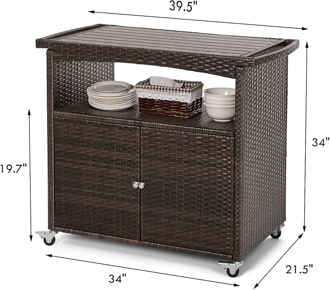 Outdoor Bar Cart with Storage Cabinet Patio Wicker Sideboard Buffet Cabinet - Image 2