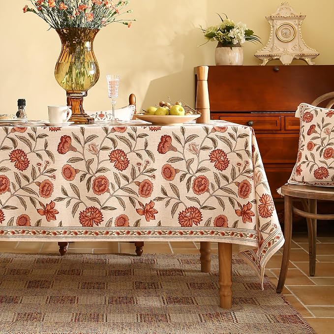 ISAENNE Designer French Small Rectangle Tablecloth, Linen Orange Floral Pattern - Image 2
