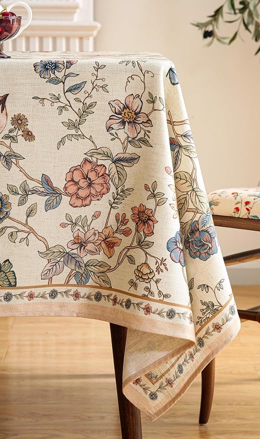 ISAENNE Designer French Light Beige Tablecloth Rectangular, Linen Florals and - Image 9