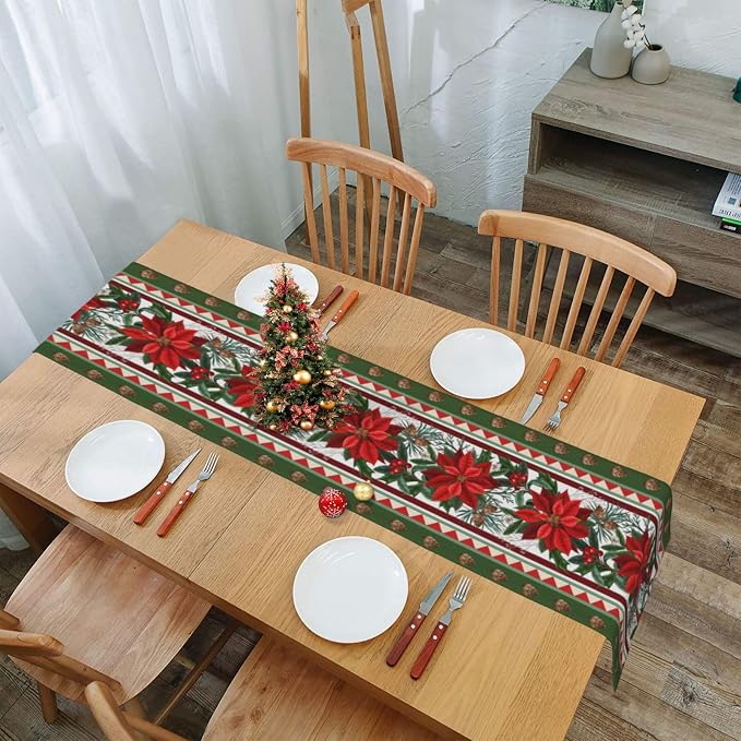 Christmas Flower Table Runner Burlap Kitchen Dining Linen Table Decoration - Image 6
