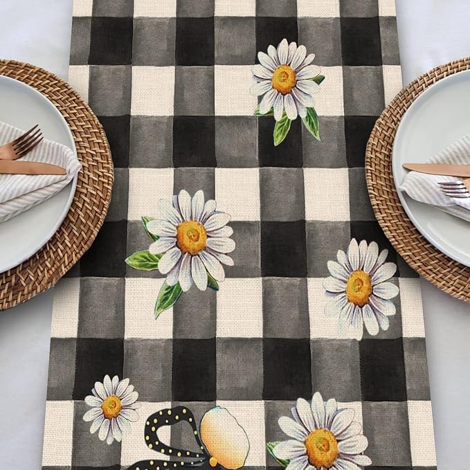 Seliem Spring Bee Gnome Table Runner, Honey Black White Buffalo Plaid Check - Image 5