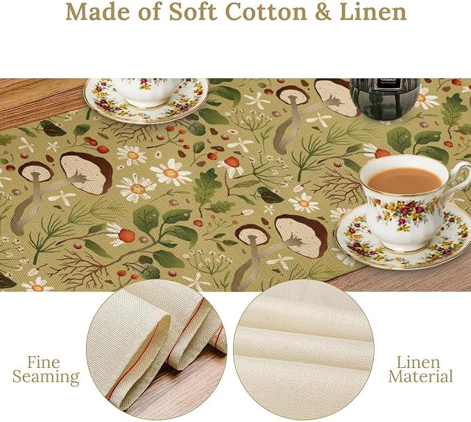 Mushroom Table Runner, Rustic Farmhouse Forest Plants Botanical Country Green - Image 5