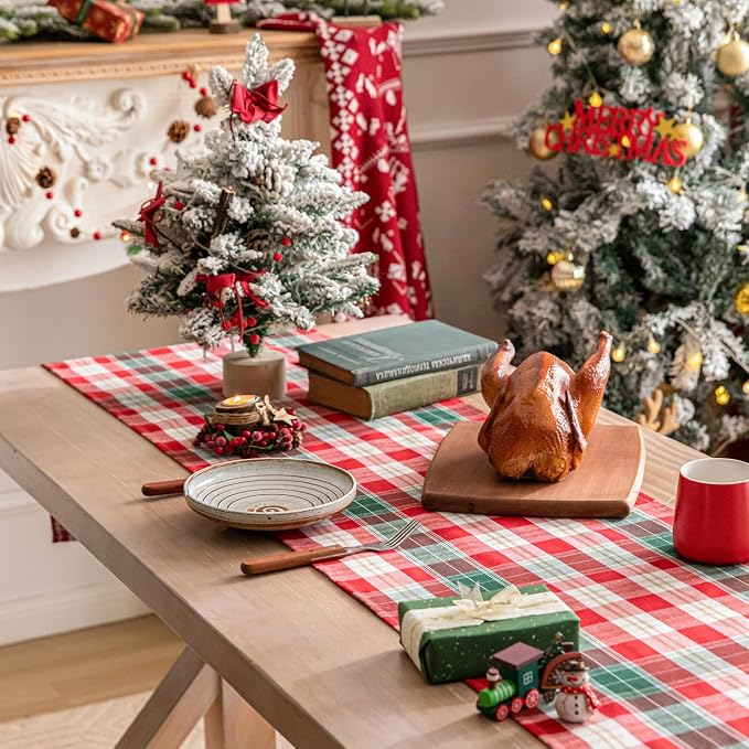 Red Gold Plaid Christmas Table Runner, Winter Holiday Table Runners 90 inches - Image 7