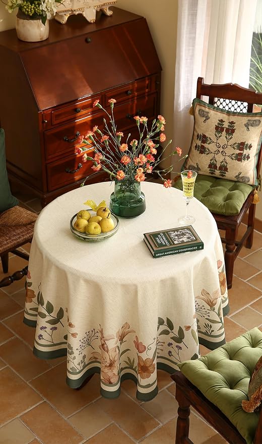 Designer Vintage French Small Round Tablecloth, Linen Shabby Chic Floral - Image 3