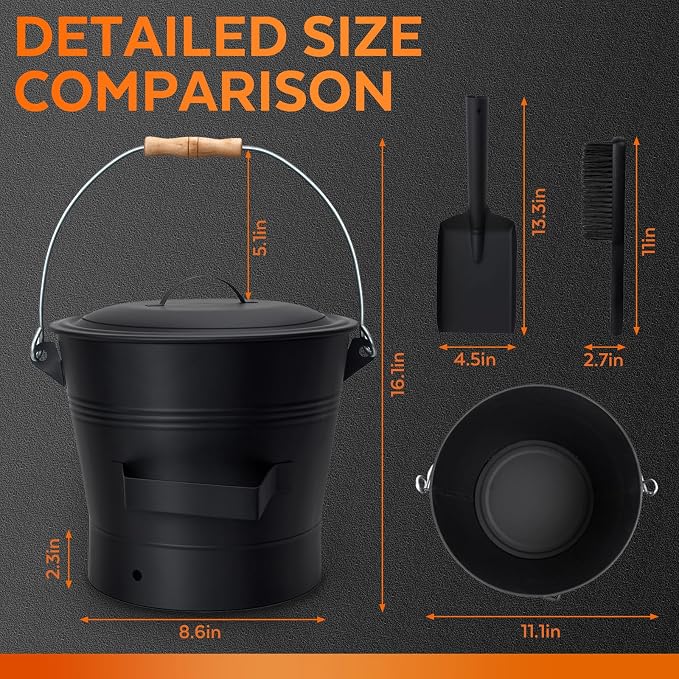Ash Bucket with Lid and Shovel, 2.6 Gallon Metal Fireplace Ash Bucket with Broom - Image 2