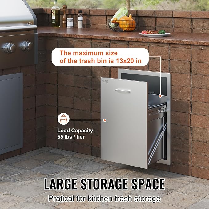VEVOR Outdoor Kitchen Trash Drawer 17.7W x 25H x 22.8D Inch, Stainless Steel - Image 5
