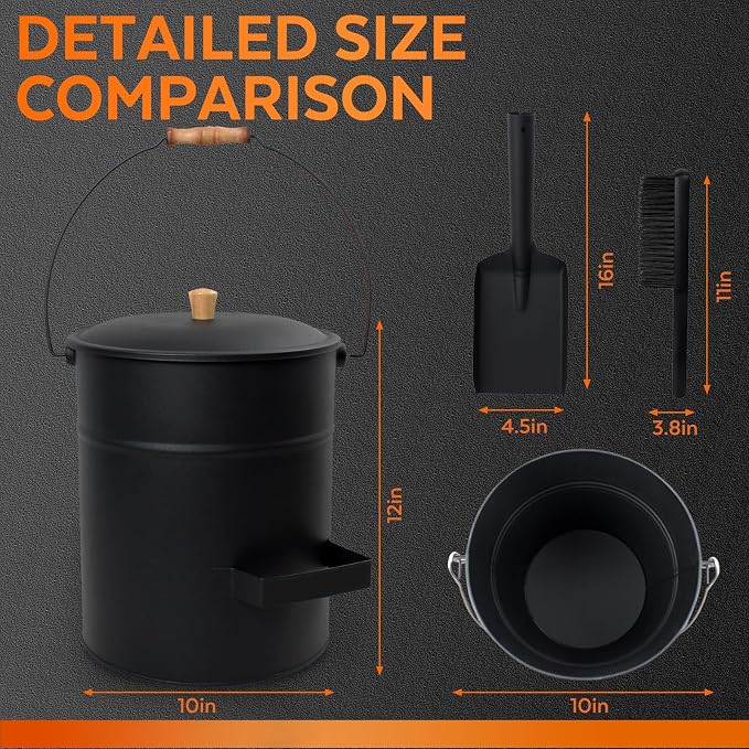 4 Gallon Ash Bucket with Lid and Shovel, Metal Fireplace Ash Bucket with Broom - Image 2