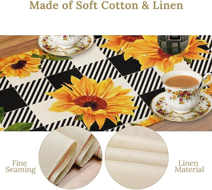 Yellow Sunflower Table Runner, Vintage Farmhouse Black White Sunshine - Image 6