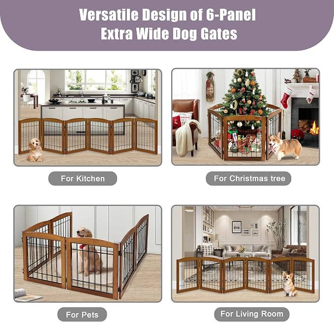 LZRS 6-Panel Extra Wide Wooden Freestanding Dog Gate: Foldable Solid Wood and - Image 6